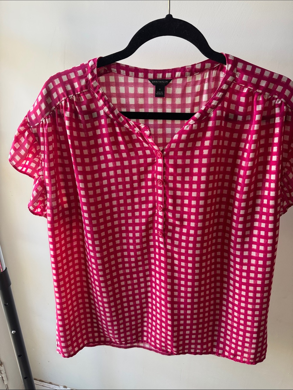 Ann Taylor Hot Pink & White Gingham Short Sleeve Blouse
